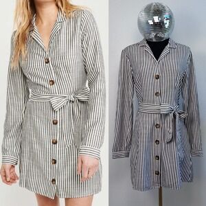 Abercrombie & Fitch Striped Button Down Shirt Dress Black White Tie Waist Medium